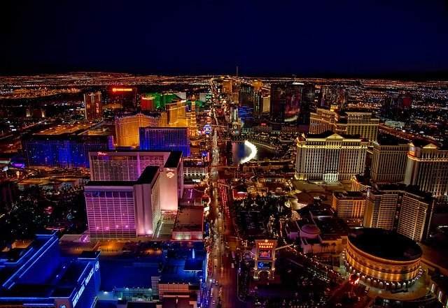 The vibrant lights of Las Vegas’ many gaming complexes and hotels shine at night Image